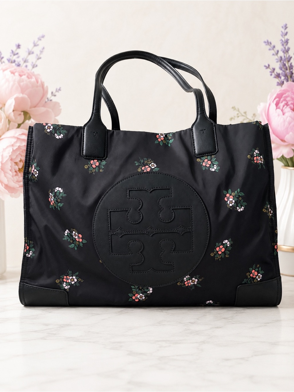 Tory Burch Ella Large Expandable Floral Tote Nylon Leather Trim